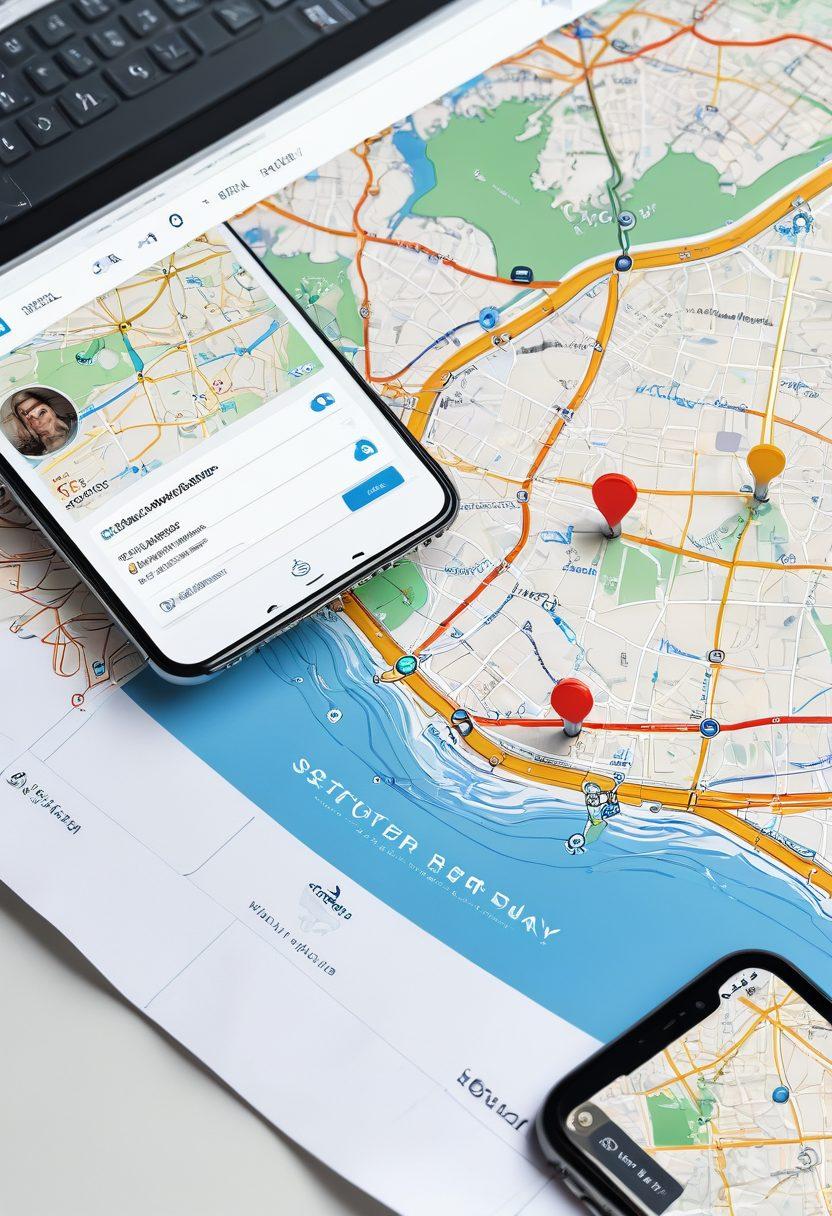 A dynamic, modern web design interface seamlessly transitioning into various digital marketing tools like SEO analytics, social media strategy, and email marketing, all superimposed on an elegant map of Oyster Bay. super-realistic. vibrant colors. white background.