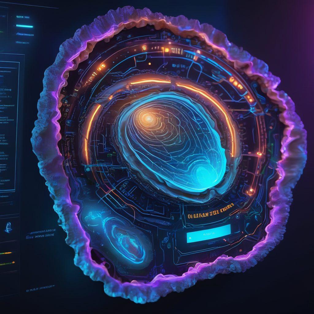 A dynamic tech-themed scene featuring a sleek digital map overlay of Oyster Bay, populated with various digital icons like coding brackets, computer screens, and interconnected pathways representing web development. An aesthetically pleasing oyster shell with a glowing pearl symbolizing breakthrough solutions. The backdrop should exude modernity with vibrant neon colors. super-realistic. vibrant colors. 