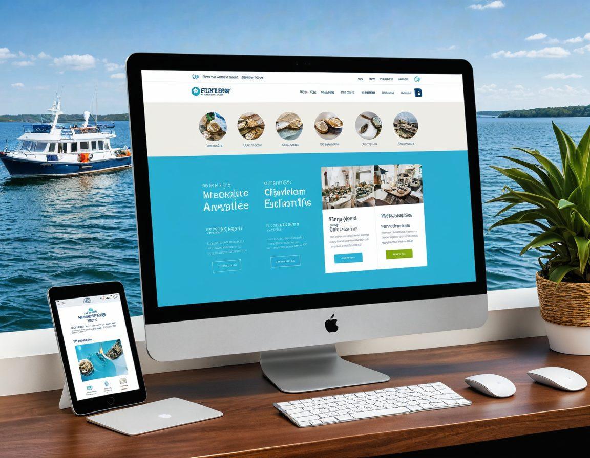 A bustling digital marketplace with sleek, modern website interfaces and e-commerce dashboards displayed on various devices, set against an oyster-themed backdrop representing Oyster Bay's maritime charm. Include icons for SEO, analytics, and customer support, symbolizing comprehensive digital solutions. vibrant colors. 3D elements. modern tech aesthetics.